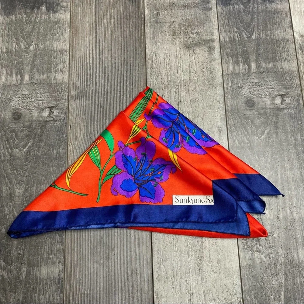 Red & Navy Floral Silk Scarf